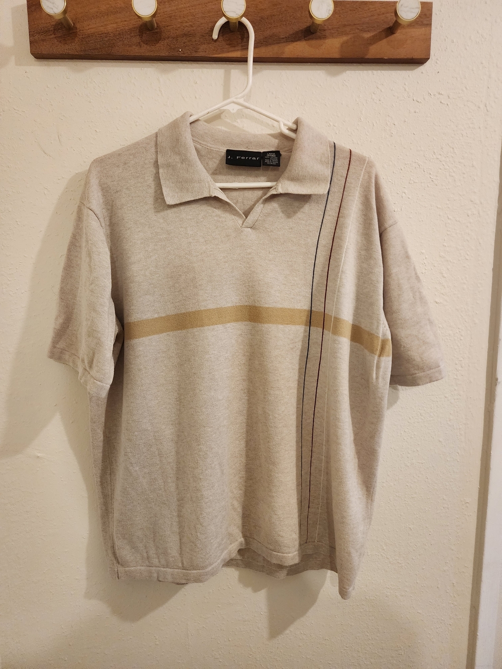 jf j.ferrar Beige Polo with Gold and Navy Stripe Accents